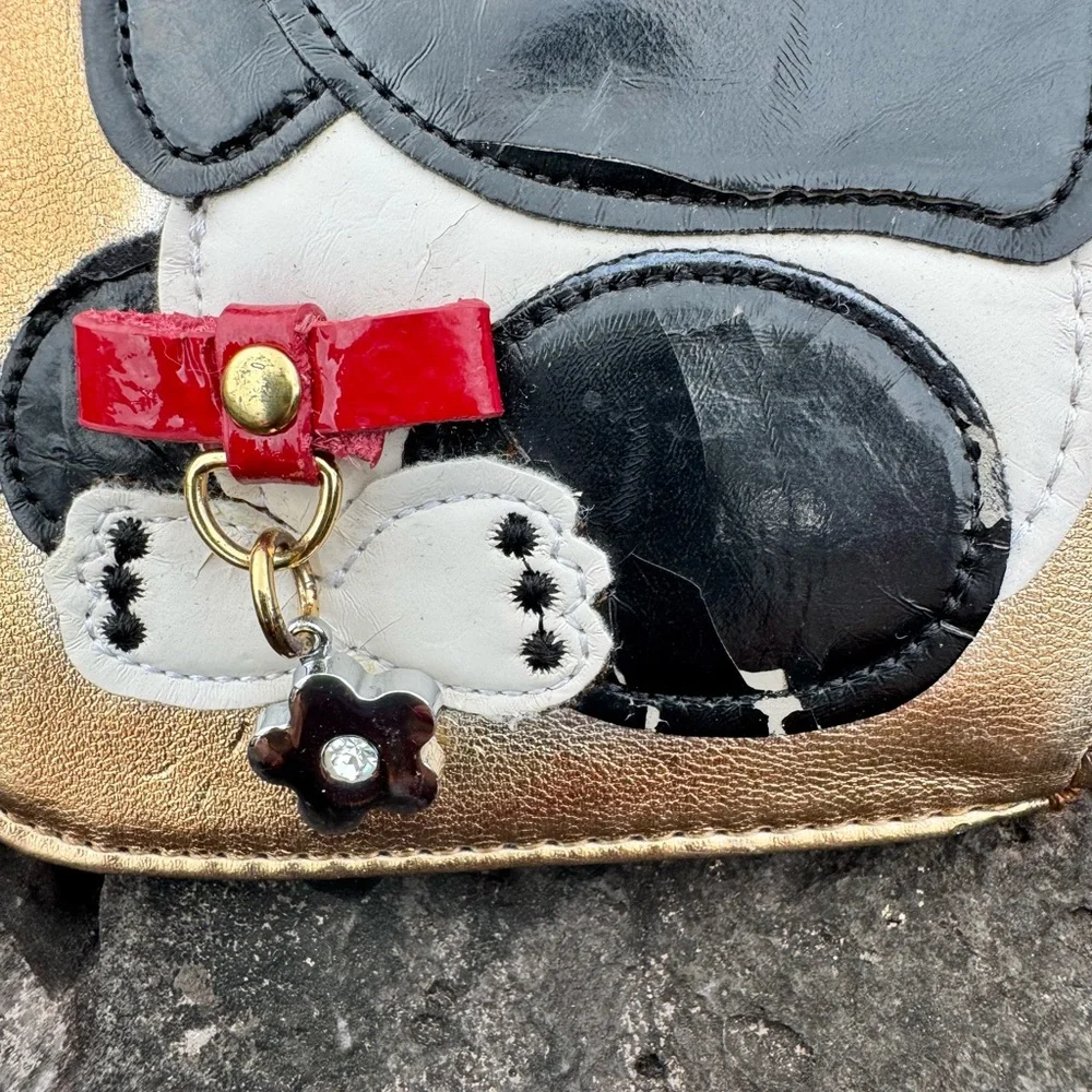 Sharif 1827 Panda Appliqué Coin Pouch Gold Leather Wristlet Keychain
